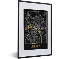 PosterMonkey Fotolijst incl. Poster - Kaart – Rouen - Stadskaart – Frankrijk – Plattegrond - 40x60 cm - Posterlijst