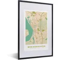 PosterMonkey Fotolijst incl. Poster - Bremerhaven - Plattegrond - Kaart - Vintage - Stadskaart - 40x60 cm - Posterlijst