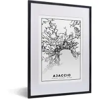 PosterMonkey Fotolijst incl. Poster Zwart Wit- Kaart - Stadskaart - Ajaccio - Frankrijk - Plattegrond - Zwart wit - 30x40 cm - Posterlijst