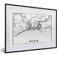 PosterMonkey Fotolijst incl. Poster Zwart Wit- Kaart - Nice - Plattegrond - Frankrijk - Stadskaart - Zwart wit - 40x30 cm - Posterlijst