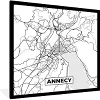 PosterMonkey Fotolijst incl. Poster Zwart Wit- Frankrijk - Kaart - Plattegrond - Annecy - Stadskaart - Zwart wit - 40x40 cm - Posterlijst