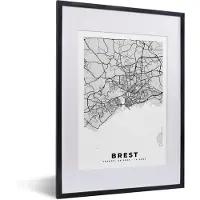 PosterMonkey Fotolijst incl. Poster - Kaart - Stadskaart - Frankrijk - Brest - Plattegrond - 30x40 cm - Posterlijst