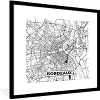 PosterMonkey Fotolijst incl. Poster Zwart Wit- Kaart - Plattegrond - Bordeaux - Frankrijk - Stadskaart - Zwart wit - 40x40 cm - Posterlijst