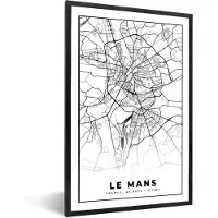 PosterMonkey Fotolijst incl. Poster Zwart Wit- Plattegrond - Kaart - Le Mans - Frankrijk - Stadskaart - Zwart wit - 40x60 cm - Posterlijst
