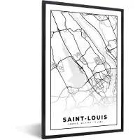 PosterMonkey Fotolijst incl. Poster Zwart Wit- Stadskaart - Plattegrond - Saint-Louis - Kaart - Frankrijk - Zwart wit - 40x60 cm - Posterlijst