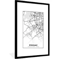 PosterMonkey Fotolijst incl. Poster Zwart Wit- Kaart - Stadskaart - Frankrijk - Plattegrond - Pessac - Zwart wit - 60x90 cm - Posterlijst