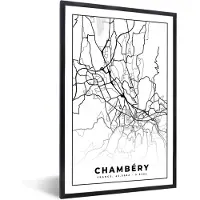 PosterMonkey Fotolijst incl. Poster Zwart Wit- Kaart - Stadskaart - Frankrijk - Chambéry - Plattegrond - Zwart wit - 40x60 cm - Posterlijst