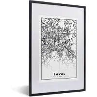 PosterMonkey Fotolijst incl. Poster Zwart Wit- Kaart - Plattegrond - Laval - Frankrijk - Stadskaart - Zwart wit - 40x60 cm - Posterlijst