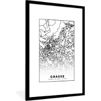 PosterMonkey Fotolijst incl. Poster Zwart Wit- Frankrijk - Plattegrond - Grasse - Stadskaart - Kaart - Zwart wit - 80x120 cm - Posterlijst