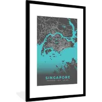 PosterMonkey Fotolijst incl. Poster - Stadskaart - Blauw - Singapore - Plattegrond - Kaart - 80x120 cm - Posterlijst