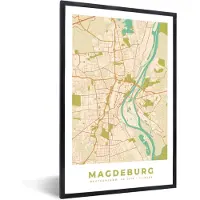 PosterMonkey Fotolijst incl. Poster - Kaart - Magdeburg - Vintage - Plattegrond - Stadskaart - 80x120 cm - Posterlijst