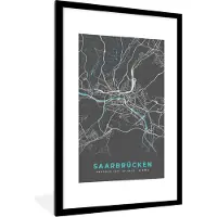 PosterMonkey Fotolijst incl. Poster - Duitsland – Blauw – Saarbrücken – Stadskaart – Kaart – Plattegrond - 80x120 cm - Posterlijst