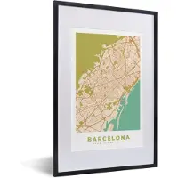 PosterMonkey Fotolijst incl. Poster - Kaart - Barcelona - Stadskaart - Vintage - Plattegrond - 40x60 cm - Posterlijst