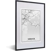PosterMonkey Fotolijst incl. Poster Zwart Wit- Venetië - Plattegrond- Stadskaart - Zwart Wit - Kaart - 40x60 cm - Posterlijst