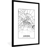 PosterMonkey Fotolijst incl. Poster Zwart Wit- Plattegrond - Amiens - Kaart - Frankrijk - Stadskaart - Zwart wit - 60x90 cm - Posterlijst