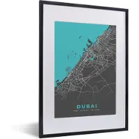 PosterMonkey Fotolijst incl. Poster - Dubai - Blauw - Kaart - Plattegrond - Stadskaart - 30x40 cm - Posterlijst