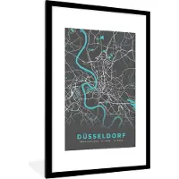 PosterMonkey Fotolijst incl. Poster - Duitsland – Blauw – Düsseldorf – Stadskaart – Kaart – Plattegrond - 80x120 cm - Posterlijst