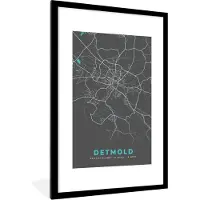 PosterMonkey Fotolijst incl. Poster - Plattegrond – Detmold – Blauw – Stadskaart – Kaart - Duitsland - 80x120 cm - Posterlijst