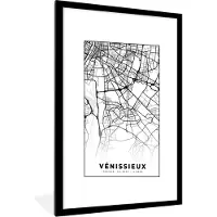 PosterMonkey Fotolijst incl. Poster Zwart Wit- Vénissieux - Plattegrond - Kaart - Frankrijk - Stadskaart - Zwart wit - 60x90 cm - Posterlijst