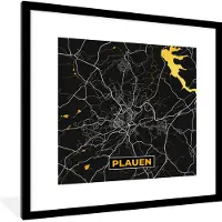 PosterMonkey Fotolijst incl. Poster - Duitsland – Black and Gold – Plauen – Stadskaart – Kaart – Plattegrond - 40x40 cm - Posterlijst
