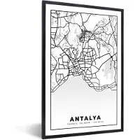 PosterMonkey Fotolijst incl. Poster Zwart Wit- Antalya - Stadskaart - Plattegrond - Zwart Wit - Kaart - 20x30 cm - Posterlijst