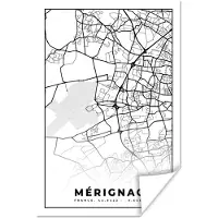 PosterMonkey Poster Mérignac - Frankrijk - Plattegrond - Stadskaart - Kaart - Zwart wit - 60x90 cm