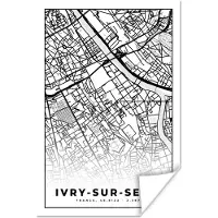 PosterMonkey Poster Kaart - Ivry-sur-Seine - Stadskaart - Frankrijk - Plattegrond - Zwart wit - 120x180 cm XXL
