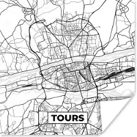 PosterMonkey Poster Frankrijk - Tours - Plattegrond - Stadskaart - Kaart - Zwart wit - 50x50 cm