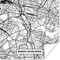 PosterMonkey Poster Plattegrond - Rosny-sous-Bois - Kaart - Frankrijk - Stadskaart - Zwart wit - 100x100 cm XXL