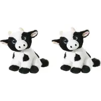 Heunec Set van 2x stuks zwart met witte pluche koe/koeien knuffels 14 cm - Boerderij knuffeldieren voor kinderen