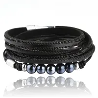 Deja Jewels Zwarte multilayer Boho armband rondgenaaid PU leer en kralen