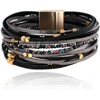 Deja Jewels Leren zwarte Boho dames armband met kraaltjes en steentjes