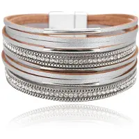 Deja Jewels Leren zilverkleurige multilayer dames armband met magneetsluiting en steentjes