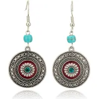Deja Jewels Ronde zilverkleurige Ibiza dames oorhangers rode en turquoise details