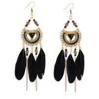 Deja Jewels Bohemian oorhangers rond met zwarte veren en kralen 105 mm