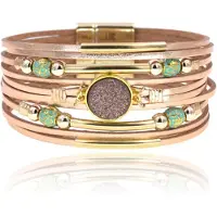 Deja Jewels Rosé goudkleurige multilayer leren dames armband met steen en kralen