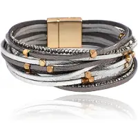 Deja Jewels Leren grijze Boho dames armband met kraaltjes en steentjes