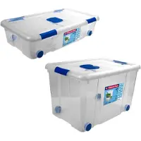 Hega hogar 4x Opbergboxen/opbergdozen met deksel en wieltjes 30 en 55 liter kunststof transparant/blauw - Opbergbox