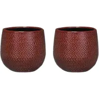 Mica Decorations Set van 2x stuks bloempotten bordeaux rood ribbels keramiek voor kamerplant H12 x D14 cm - Plantenpotten