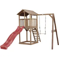 Axi Beach Tower Speeltoestel van hout in Bruin Speeltoren met zandbak, schommel en rode glijbaan