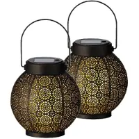 Lumineo 2x stuks solar lantaarn met cirkel patroon metaal zwart 16 cm - Lantaarns