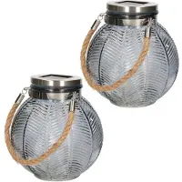 Anna's Collection 2x stuks grijze solar lantaarn van gestreept glas rond 16 cm - Lantaarns