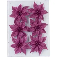 COSY&TRENDY 6x stuks decoratie bloemen rozen fuchsia roze glitter op ijzerdraad 8 cm - Decoratiebloemen/kerstboomversiering/kerstversiering