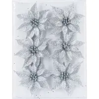 COSY&TRENDY 6x stuks decoratie bloemen rozen zilver glitter op ijzerdraad 8 cm - Decoratiebloemen/kerstboomversiering/kerstversiering