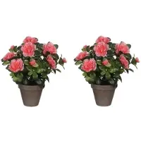 Mica Decorations 2x Groene Azalea kunstplanten met perzikkleurige bloemen 27 cm met pot stan grey - Kunstplanten
