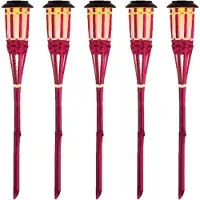 Lumineo 5x Roze buiten/tuin Led fakkel Bodi solar verlichting bamboe 54 cm vlam - Tuinfakkel - Tuinlampen - Lampen op zonne-energie