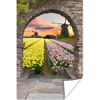 PosterMonkey Poster Tulpen - Bloemen - Molen - Doorkijk - 20x30 cm