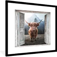 PosterMonkey Fotolijst incl. Poster - Schotse hooglander - Koe - Landelijk - Doorkijk - 40x40 cm - Posterlijst