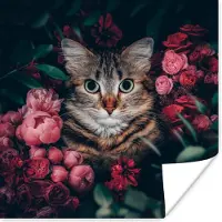 PosterMonkey Poster - Kat - Bloemen - Roze - Dieren - Dierenposter - Fotoposter - Muurposter - Woonkamer decoratie - 30x30 cm - Muurposters slaapkamer - Kamer decoratie - Muurdecoratie - Wanddecoratie