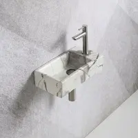 Guido Gusto Fonteinset Mia 40.5x20x10.5cm marmerlook wit geaderd grijs rechts inclusief fontein kraan, sifon en afvoerplug RVS